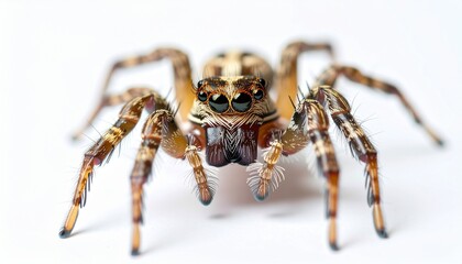 Close-up of a Brown and Yellow Jumping Spider on White.