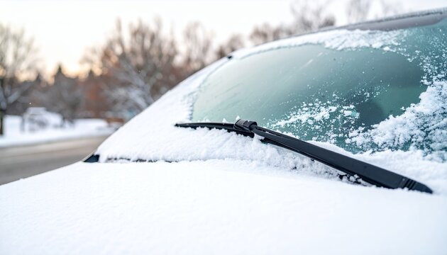 Snow-covered car windshield and wiper blade on a cold winter day.