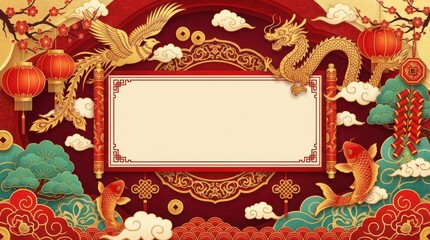 Celebratory chinese new year festivities featuring dragon and koi fish vibrant red and gold decorations cultural artwork traditional symbols festive atmosphere artistic design for seo impact
