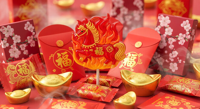 Chinese New Year Red Envelopes Sweets and Gold Ingots with Fiery Horse Lollipop Chinese new year lun