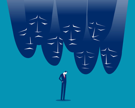 Mask. A suffering businessman huddles among masks