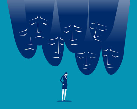 Mask. A suffering businesswoman huddles among masks