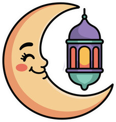 Happy cartoon moon character holding a lantern for Ramadan festivities