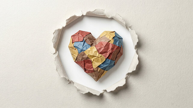 Heart Made of Colorful Paper Pieces Inside Torn Paper Hole, Emotional Healing and Mental Health Concept