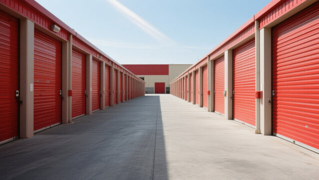 A long row of red storage units with roll-up doors, aligned symmetrically on both sides of a concrete pathway under a clear blue sky