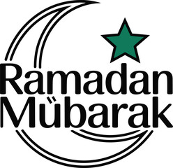 Ramadan mubarak text with crescent moon and star, black and green islamic symbol