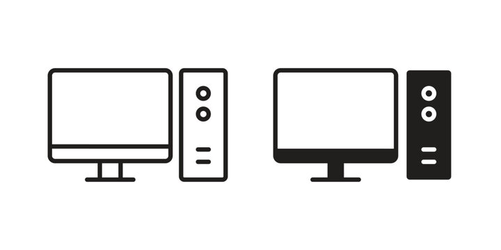 Desktop computer icon set. Black icon on white background