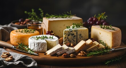 Assortment of cheeses with grapes nuts and herbs on wooden board cheese board cheese platter cheese selection