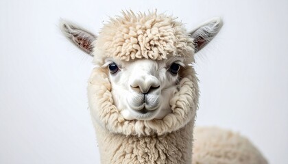 Fototapeta premium Close-up portrait of a fluffy white alpaca against a white background.