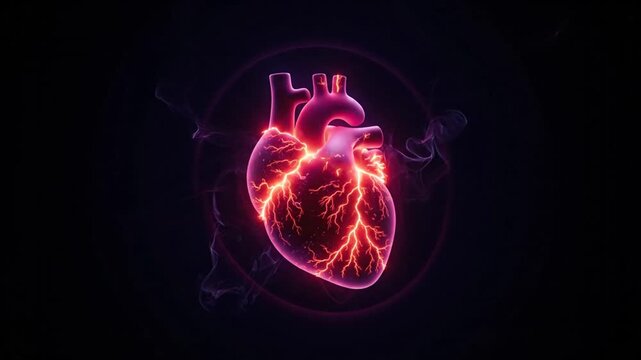 Neon heart illustration depicting cardiovascular science with radiant glow and energy visualization.