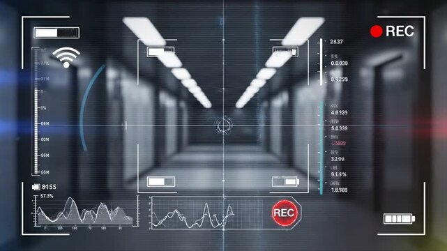 Security camera interface overlaying a modern hallway view serves as a conceptual visual for surveillance technology and corporate safety systems.