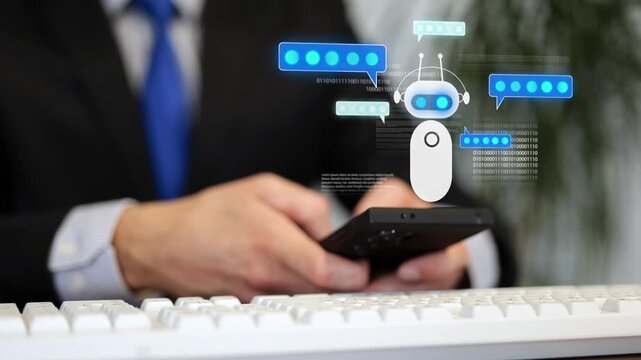 Business person chatting with AI chatbot robot on smartphone in office. Digital assistant and artificial intelligence concept