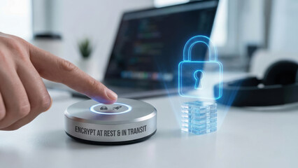 Data security concept with finger pressing button to prevent ai data leakage and protect information with encryption technology
