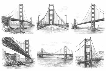 Obraz premium Golden Gate Bridge Pencil Sketch Set