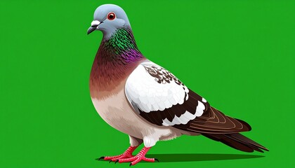 Colorful pigeon standing against a vibrant green background in studio.