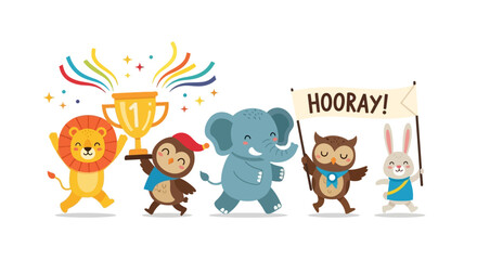 Fototapeta premium Vibrant cartoon animals celebrate success with trophy and banner