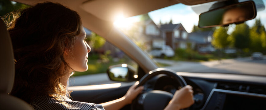 Young woman driving a car in a suburban neighborhood during golden hour with sunlight streaming through the window