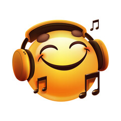 Happy smiling emoji face listening to music with headphones and musical notes, isolated on transparent background, png