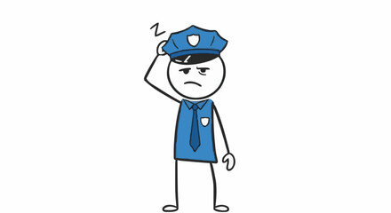 Tired stick figure police officer in uniform looking confused.