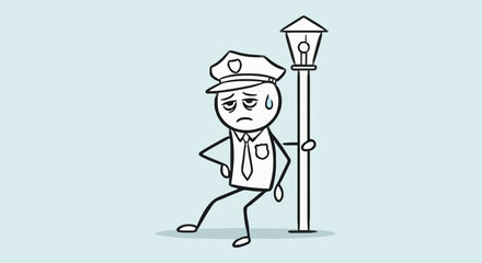 Tired Stick Figure Police Officer Leaning on Lamp Post.