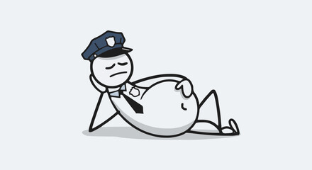 Tired Stick Figure Police Officer Relaxing with Large Belly.