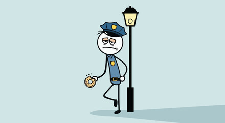 Tired Stick Figure Police Officer on Duty Holding Donut.