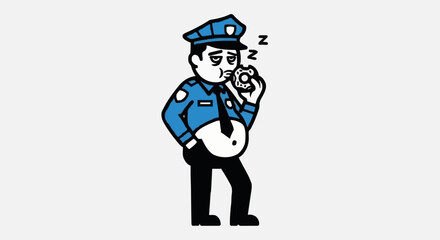 Tired Police Officer Sleeping On Duty Holding Doughnut.