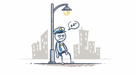 Tired police officer sleeping under street lamp in city.
