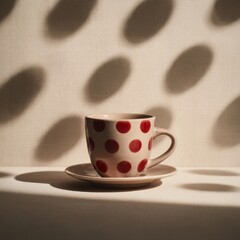 Minimal polka dot ceramic cup with soft circular shadows in warm sunlight