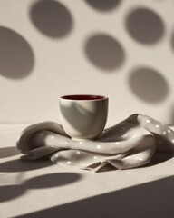 Minimal white ceramic cup on soft fabric with polka dot light shadows in warm sunlight