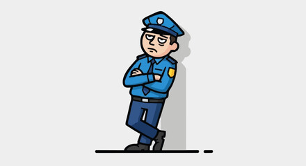 Tired Police Officer Standing Against Wall Cartoon.