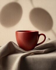 Minimal red ceramic cup on soft fabric with circular light shadows in warm sunlight