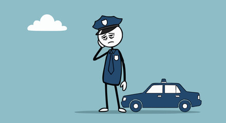 Tired Police Officer Standing Next to Patrol Car.