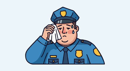 Tired Police Officer Wiping Sweat From Face.