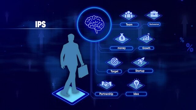 IPS concept with businessman silhouette connected to business icons and brain graphic investment property