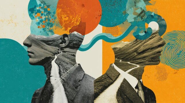 Reflection Shows Two Paths Where Choices Divide Thoughts and Feelings in Surreal Style, Exploring Duality in Psychology and Perception of Self