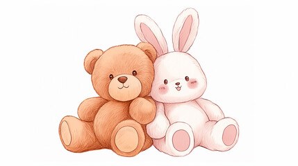 Obraz premium Minimalist baby shower illustration, teddy bear and bunny in cozy pose, colored pencil style, clean background