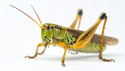 Fototapeta premium Detailed close-up of a vibrant green and brown grasshopper on white.