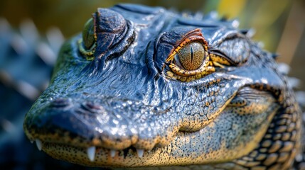 Fototapeta premium Close-up portrait of an alligator with its mouth slightly open, revealing sharp teeth. The alligator has a dark gray body with yellow eyes.