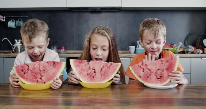 Playful girl bites watermelon wedge smiling at kitchen table as pair of boys eat near bowls. Sister pulls rind closer chewing pulp while right boy holds slice grinning