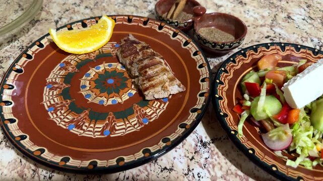 Serving of a Traditional Bulgarian Mixed Grill Skara with Karnache Sausages, Kjufte Meatballs and Pork Fillets on a Ceramic Plate with Mixed Shopska Salad