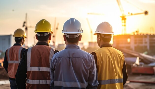 Construction workers observing a construction site at sunset.