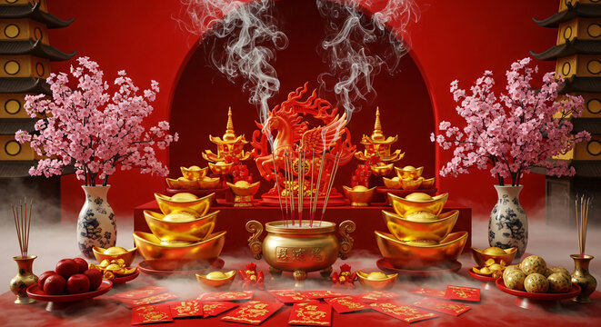 Chinese New Year Altar with Incense Gold Ingots and Red Envelopes Chinese new year lunar new year ye