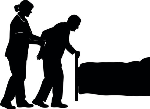 Silhouette of Caregiver Assisting Elderly Patient to Bed | Geriatric Nursing Care