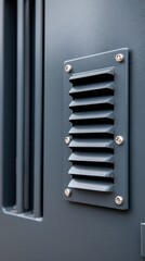 Close-up of a blueish dark metal panel with a rectangular vent grille, exposed screws, and industrial texture