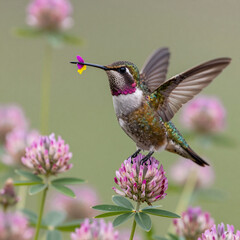 Obraz premium A hummingbird perched on pink clover flowers, holding a blooming flower in its beak. (Nature Photography: Wildlife - Hummingbirds)