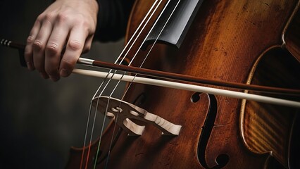 Close-up of cello player with bow.