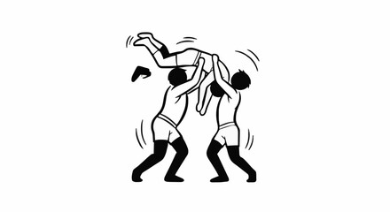 Two people lifting another person in the air illustration.