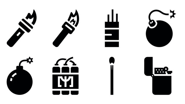 Explosive icons collection: bombs, dynamite, and fire elements in bold silhouette design