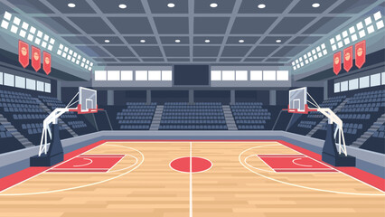 Obraz premium Modern indoor basketball court with empty stands and bright lighting